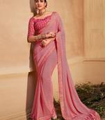 Pink striped printed sequinned  georgette leheriya saree