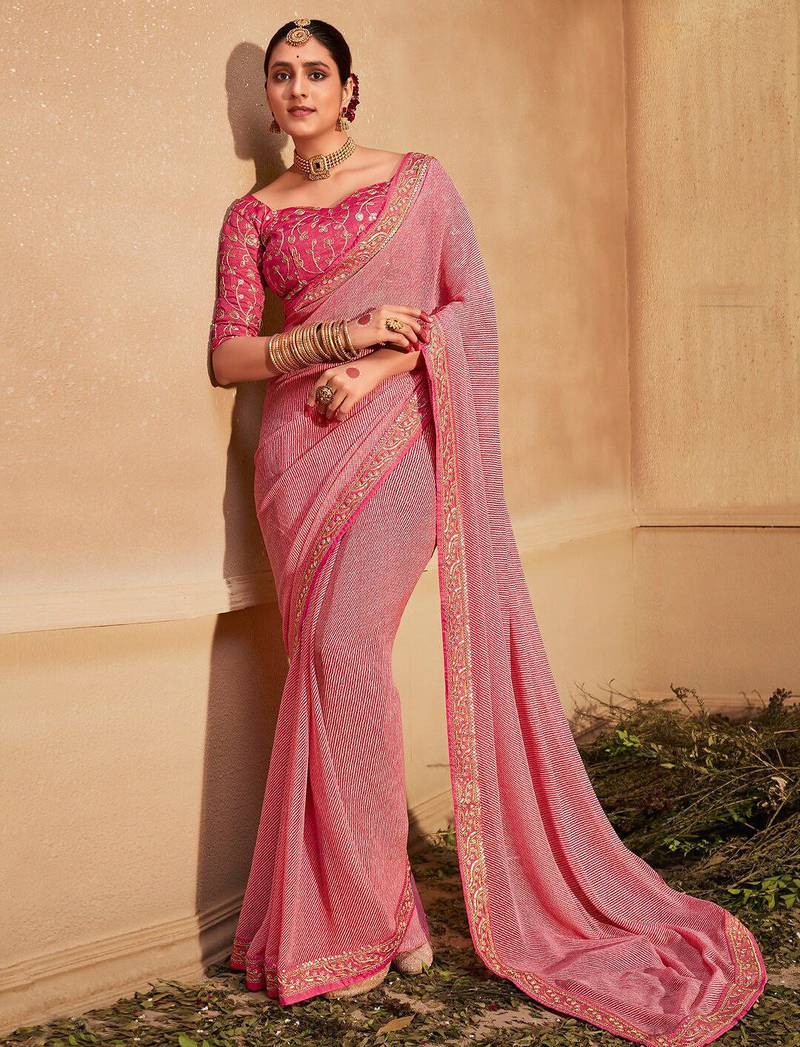 Pink striped printed sequinned  georgette leheriya saree