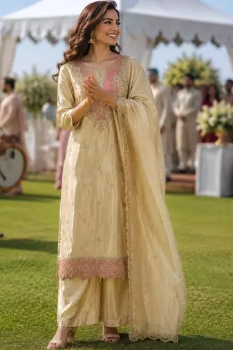 ethnic motifs embroidered thread work tissue kurta with palazzos & dupatta