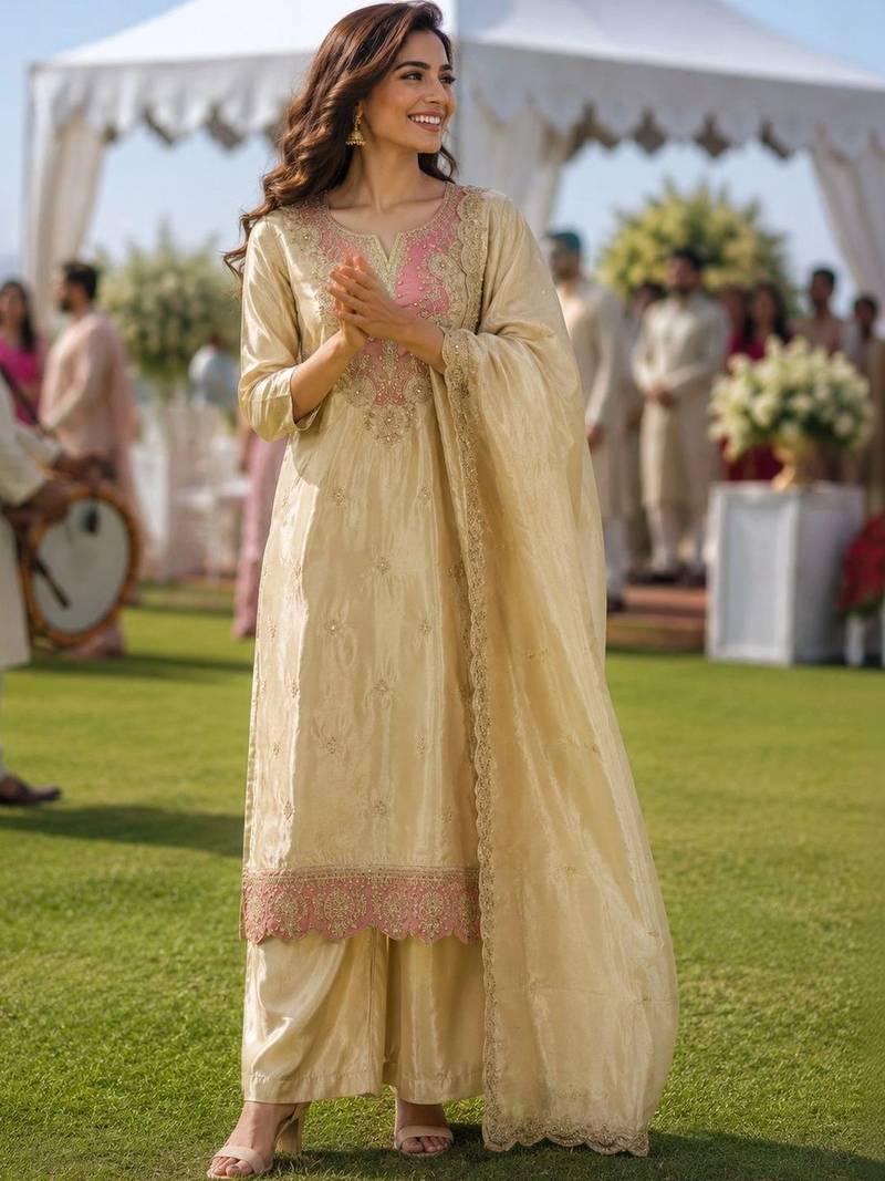 ethnic motifs embroidered thread work tissue kurta with palazzos & dupatta