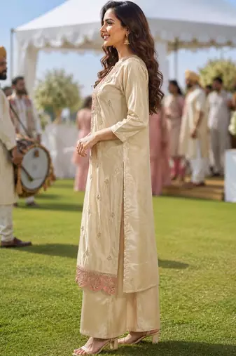 ethnic motifs embroidered thread work tissue kurta with palazzos & dupatta