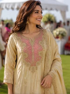 ethnic motifs embroidered thread work tissue kurta with palazzos & dupatta 3