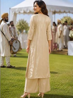 ethnic motifs embroidered thread work tissue kurta with palazzos & dupatta 4