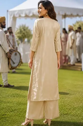 ethnic motifs embroidered thread work tissue kurta with palazzos & dupatta