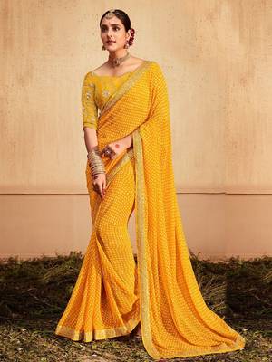 Yellow yellow bandhani printed zari  georgette leheriya saree 1