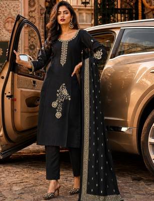 women ethnic motifs embroidered regular thread work chanderi silk kurta with trousers & with 1