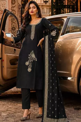 women ethnic motifs embroidered regular thread work chanderi silk kurta with trousers & with