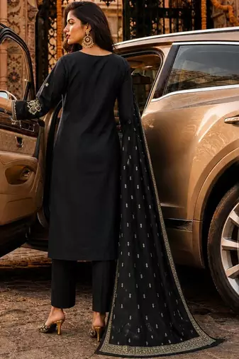 women ethnic motifs embroidered regular thread work chanderi silk kurta with trousers & with