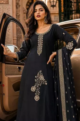 women ethnic motifs embroidered regular thread work chanderi silk kurta with trousers & with