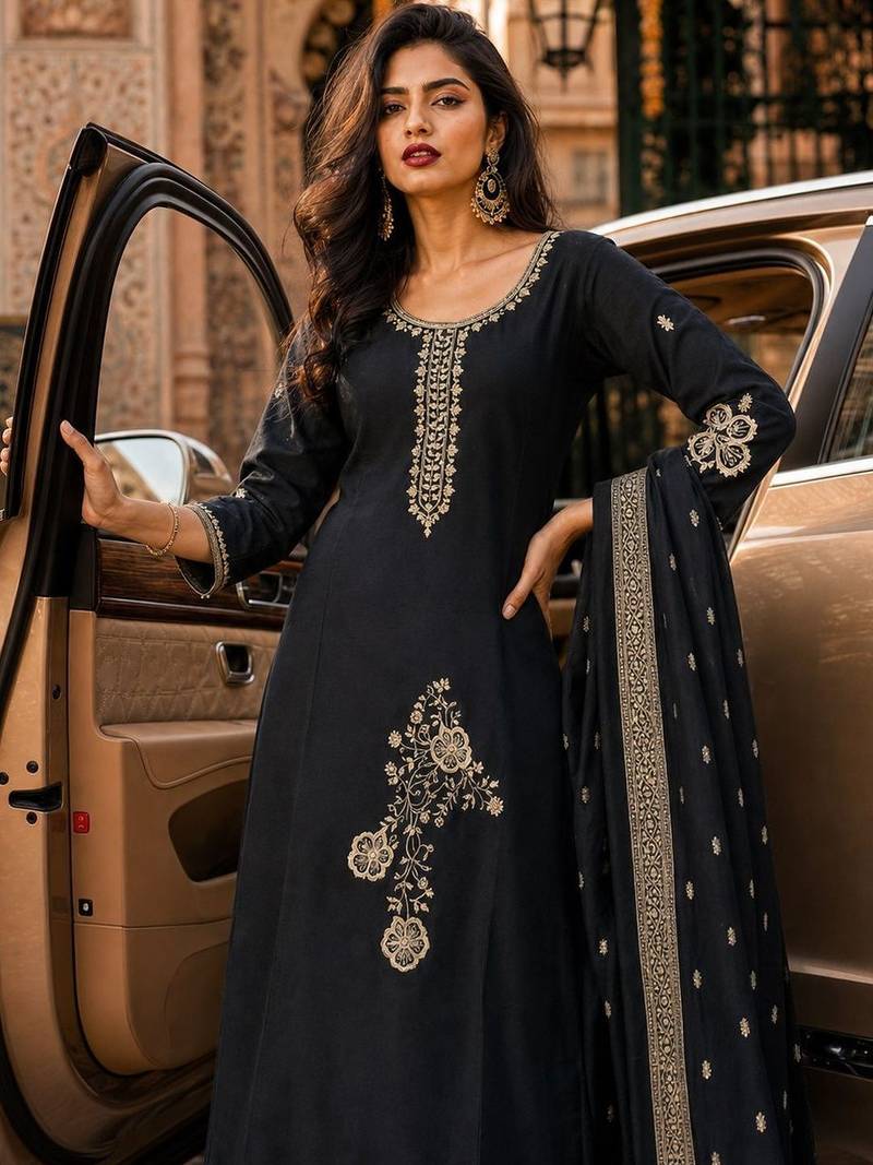women ethnic motifs embroidered regular thread work chanderi silk kurta with trousers & with