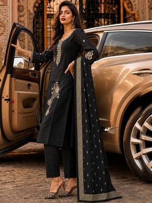 women ethnic motifs embroidered regular thread work chanderi silk kurta with trousers & with 4