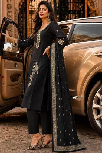 women ethnic motifs embroidered regular thread work chanderi silk kurta with trousers & with