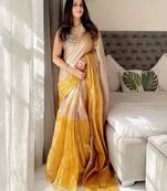 Gold colourblocked printed tissue saree