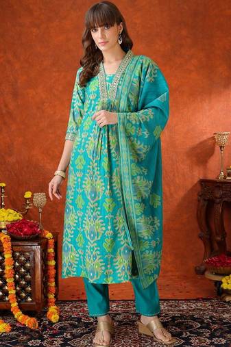 women ethnic motifs embroidered mirror work kurta with trousers & with dupatta