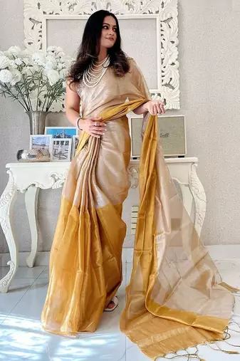 Gold colourblocked printed tissue saree
