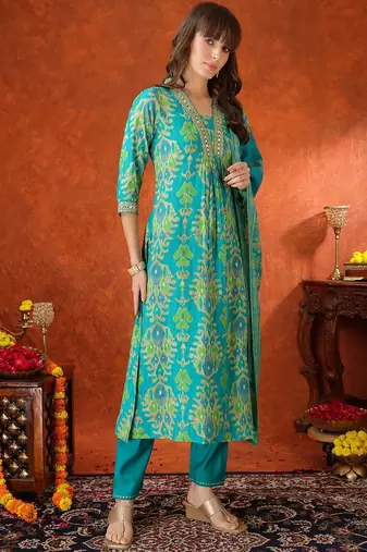 women ethnic motifs embroidered mirror work kurta with trousers & with dupatta