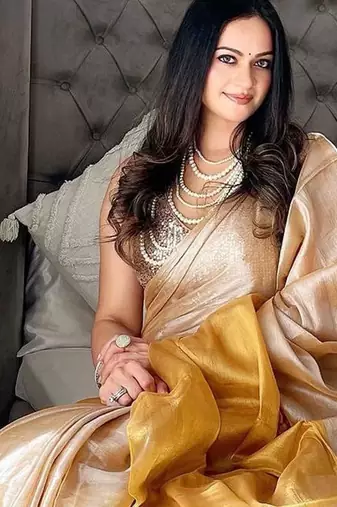 Gold colourblocked printed tissue saree