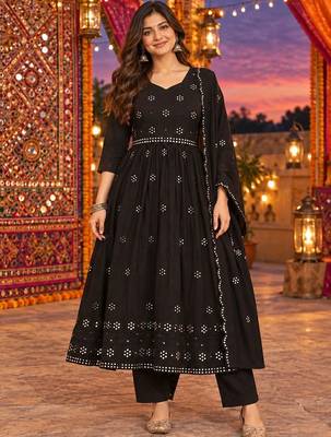 women ethnic motifs empire mirror work kurta with trousers & with dupatta 1