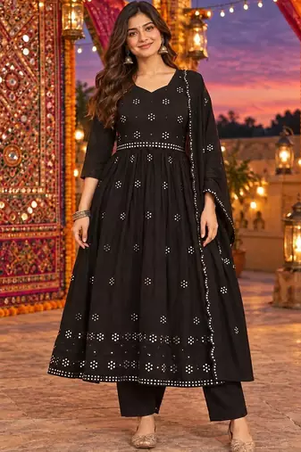 women ethnic motifs empire mirror work kurta with trousers & with dupatta