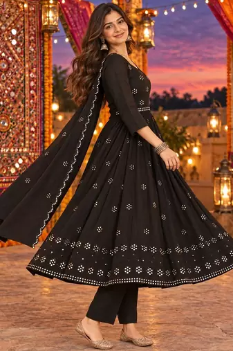 women ethnic motifs empire mirror work kurta with trousers & with dupatta