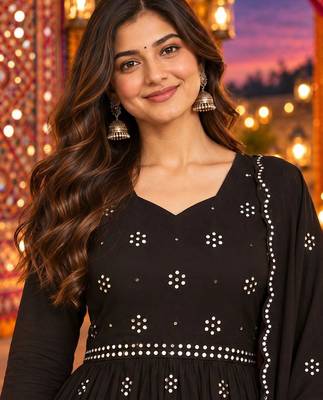 women ethnic motifs empire mirror work kurta with trousers & with dupatta 3