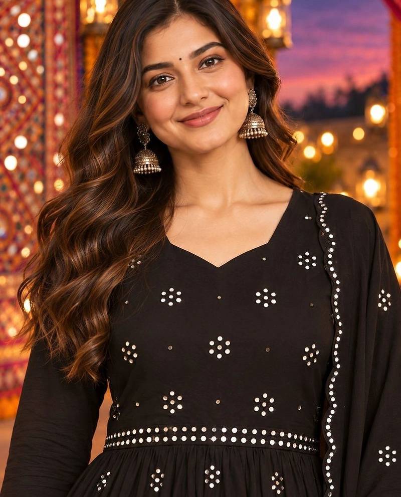 women ethnic motifs empire mirror work kurta with trousers & with dupatta