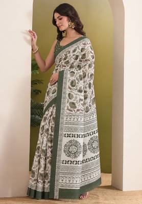 Green batik printed silk blend ready to wear saree 3