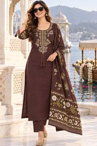 women ethnic motifs embroidered regular thread work  cotton kurta with trousers & with