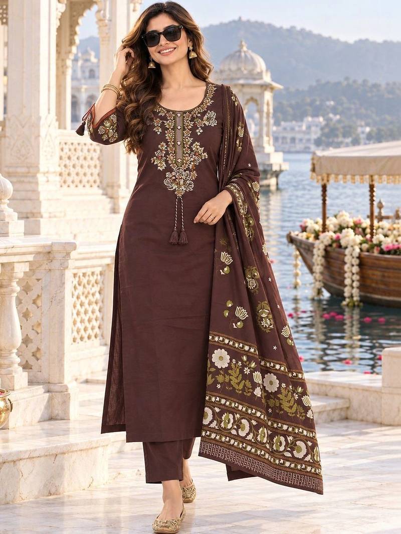 women ethnic motifs embroidered regular thread work  cotton kurta with trousers & with