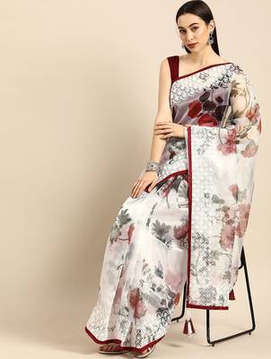 White white & maroon organza printed mysore silk saree 1