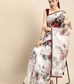 White white & maroon organza printed mysore silk saree