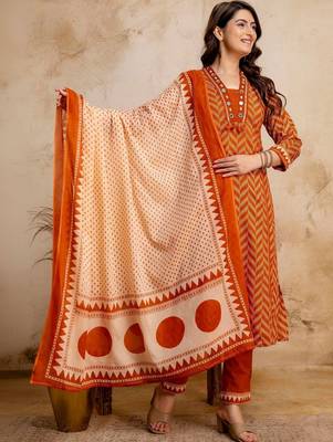women printed regular mirror work  cotton kurta with trousers & with dupatta 1