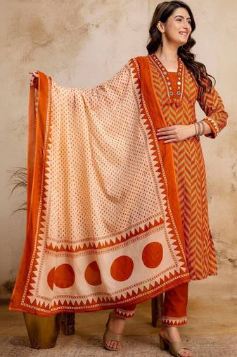 women printed regular mirror work  cotton kurta with trousers & with dupatta