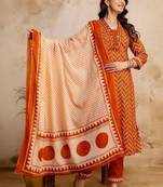women printed regular mirror work  cotton kurta with trousers & with dupatta
