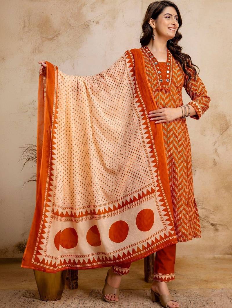 women printed regular mirror work  cotton kurta with trousers & with dupatta