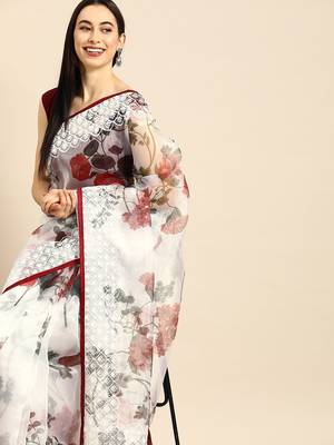 White white & maroon organza printed mysore silk saree 2