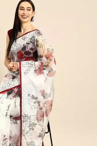 White white & maroon organza printed mysore silk saree