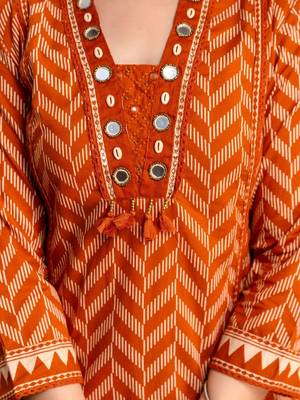 women printed regular mirror work  cotton kurta with trousers & with dupatta 2