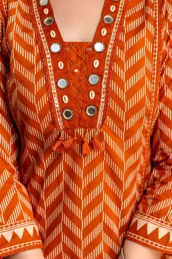 women printed regular mirror work  cotton kurta with trousers & with dupatta