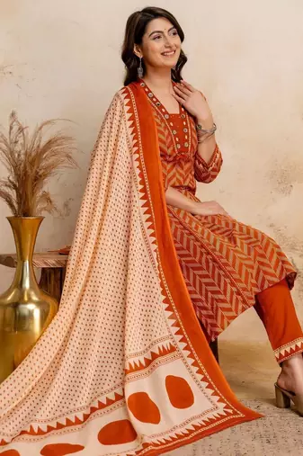 women printed regular mirror work  cotton kurta with trousers & with dupatta