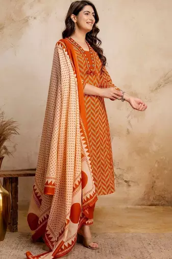 women printed regular mirror work  cotton kurta with trousers & with dupatta