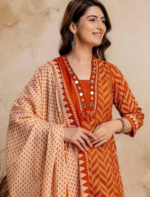 women printed regular mirror work  cotton kurta with trousers & with dupatta 6