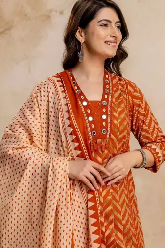 women printed regular mirror work  cotton kurta with trousers & with dupatta