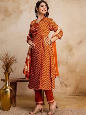 women printed regular mirror work  cotton kurta with trousers & with dupatta 7