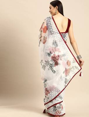 White white & maroon organza printed mysore silk saree 3