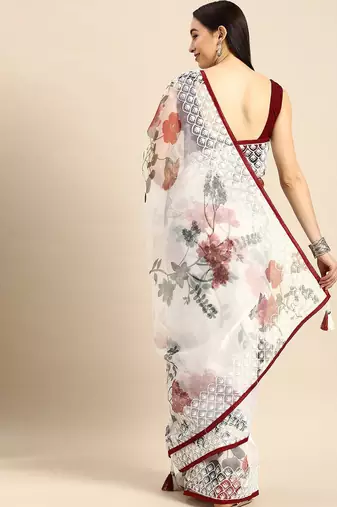 White white & maroon organza printed mysore silk saree