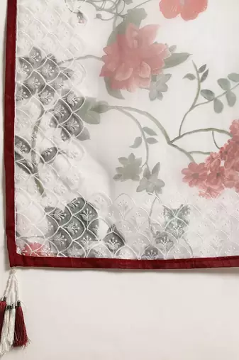 White white & maroon organza printed mysore silk saree