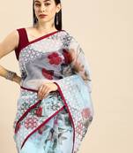 Blue blue & maroon organza printed mysore silk saree