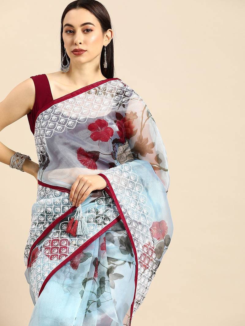 Blue blue & maroon organza printed mysore silk saree