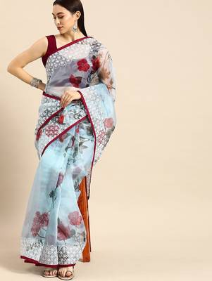 Blue blue & maroon organza printed mysore silk saree 2